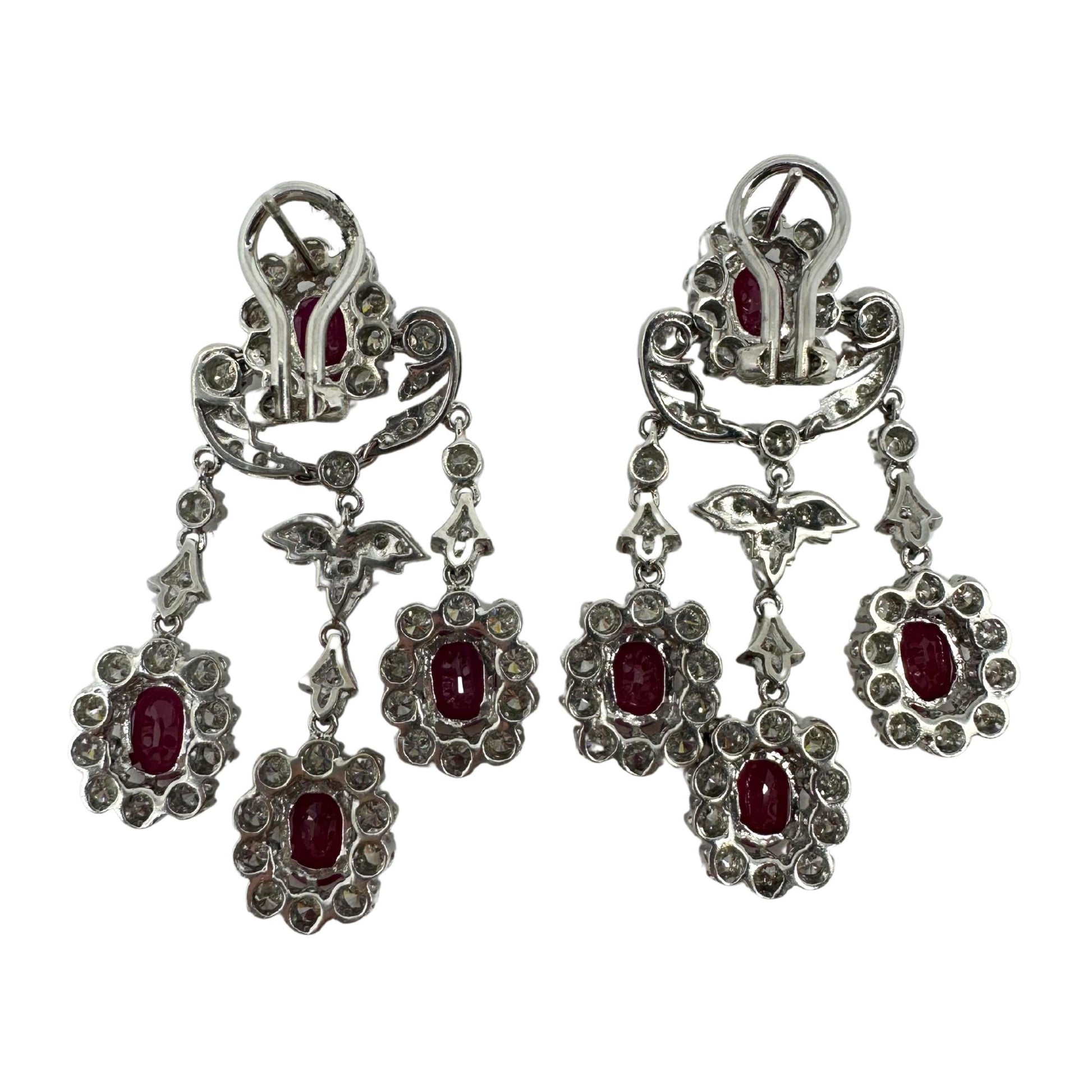 18K White Gold 7.88 Carat Oval Cut Ruby and Diamond Drop Earrings