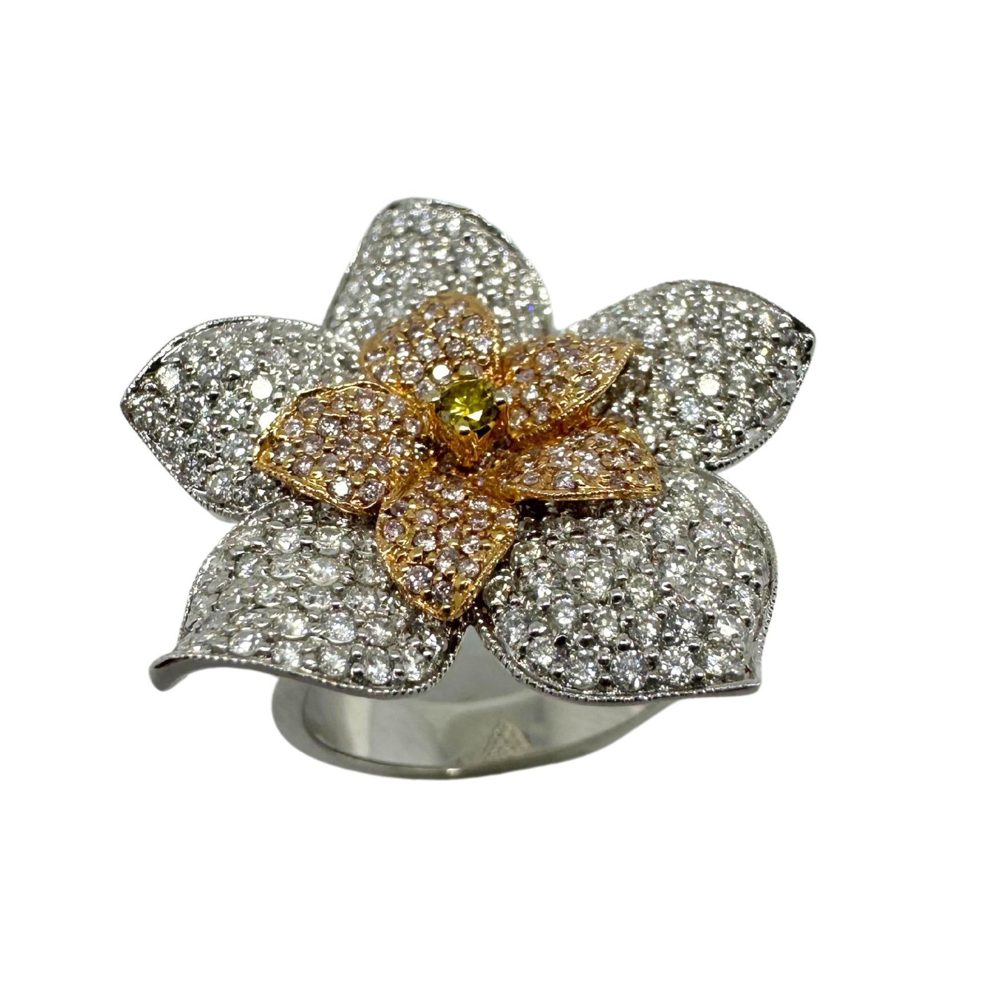 18K Gold Flower Diamond Cocktail Ring – White, Pink & Yellow Diamonds
