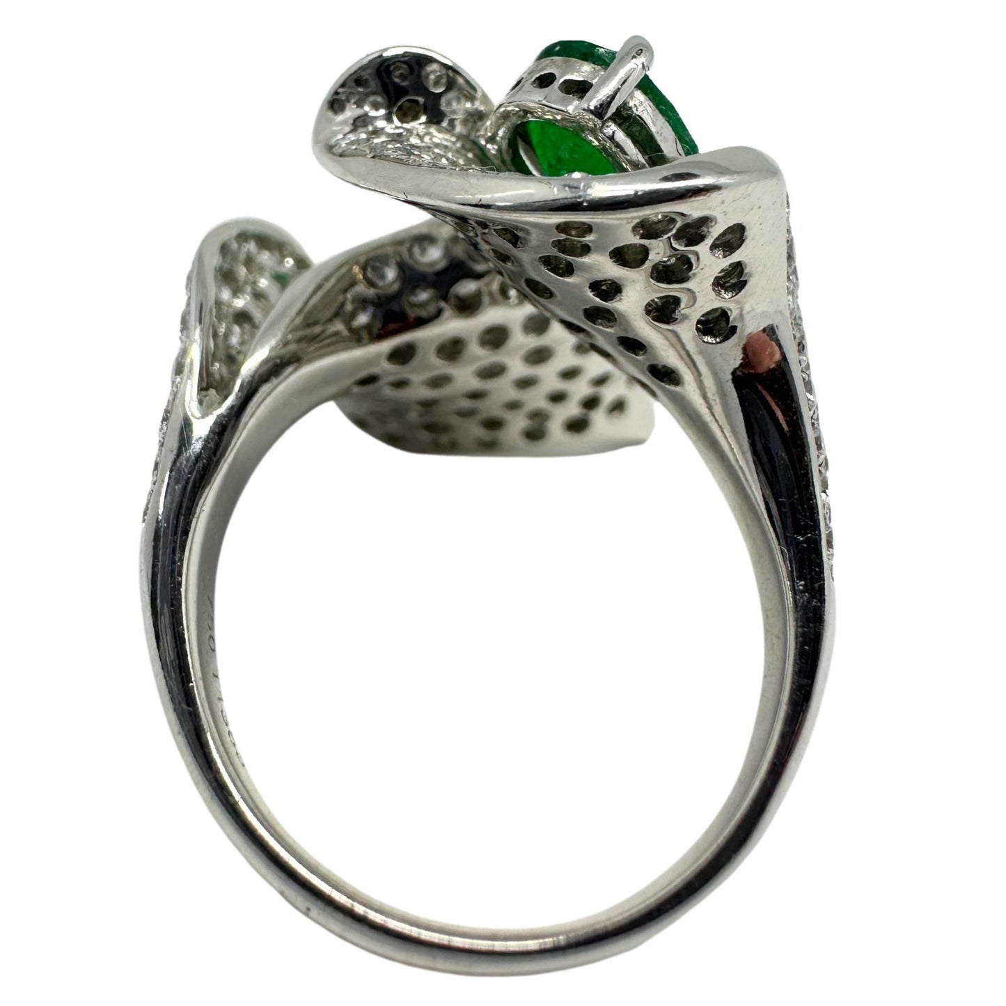 18K White Gold Leaf Toi et Moi Emerald and Diamond Ring