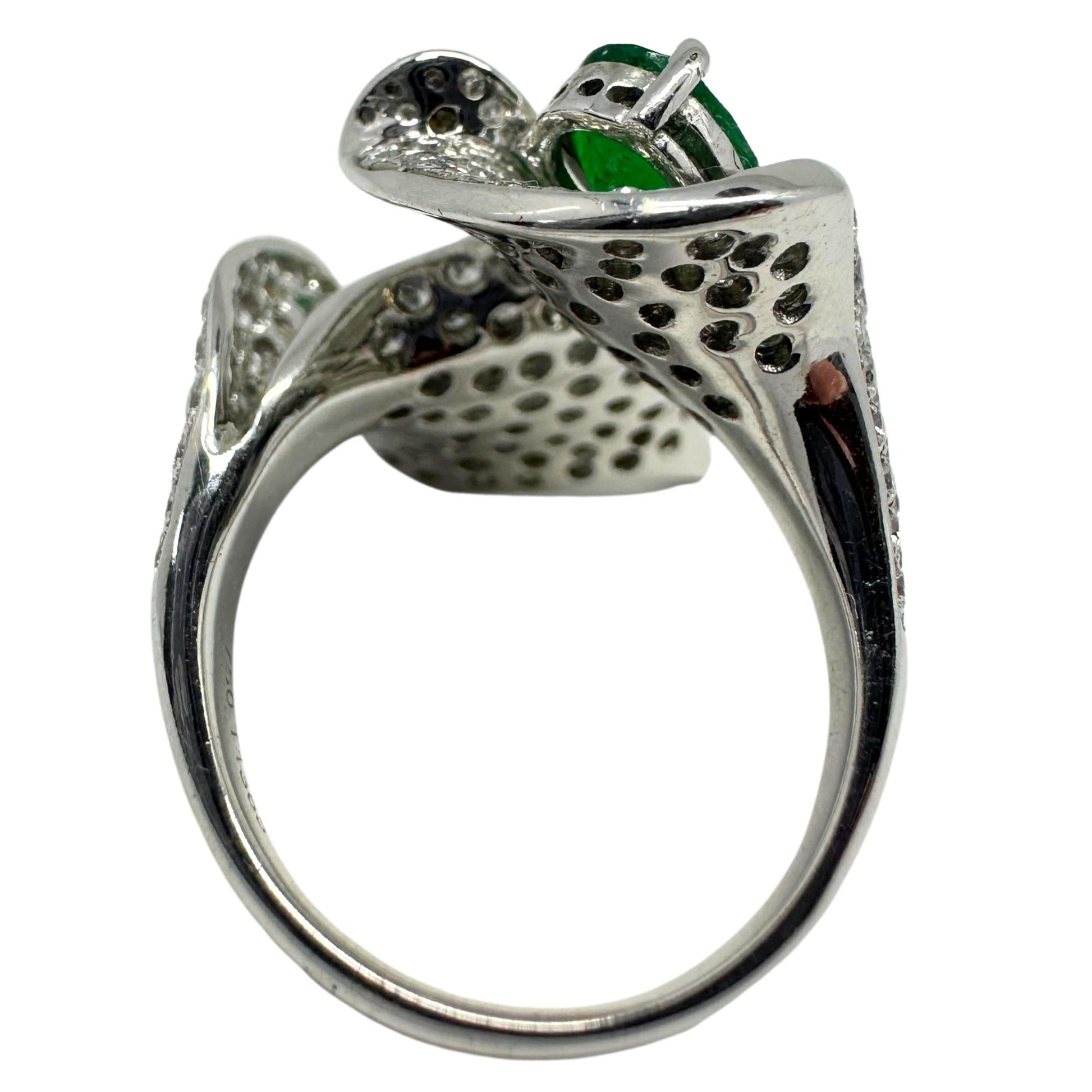 18K White Gold Leaf Toi et Moi Emerald and Diamond Ring