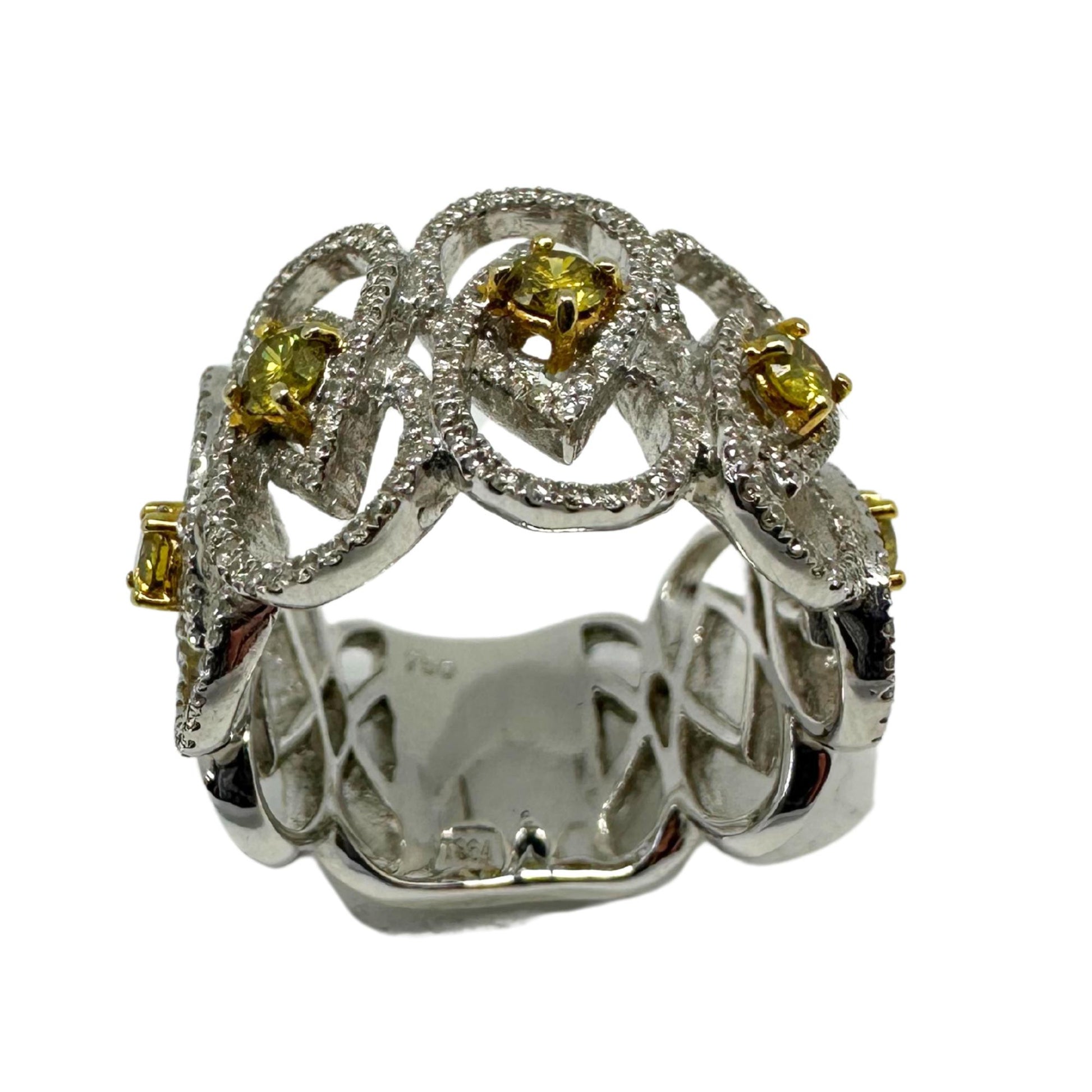 18K White Gold White and Yellow Diamond Wide Band Ring