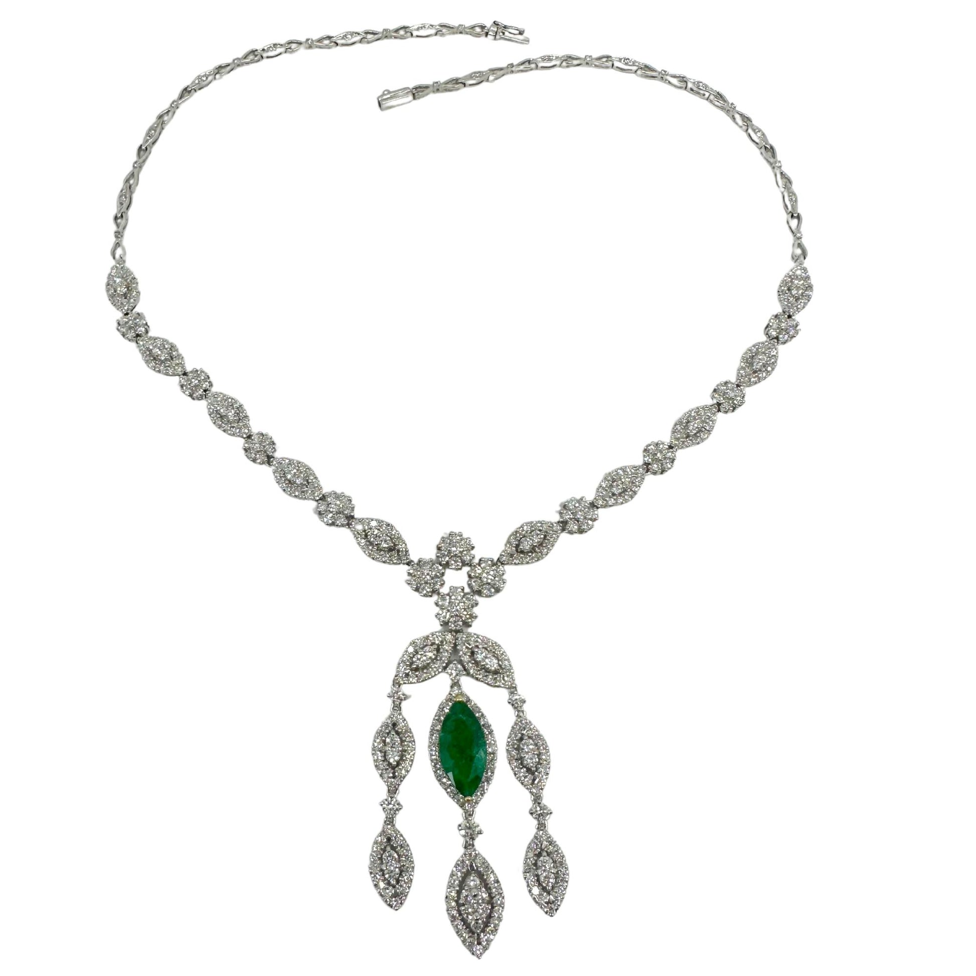 18K White Gold Diamond and Marquise Cut Emerald Drop Necklace