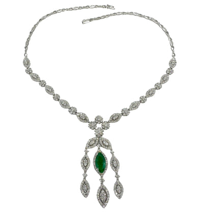 18K White Gold Diamond and Marquise Cut Emerald Drop Necklace