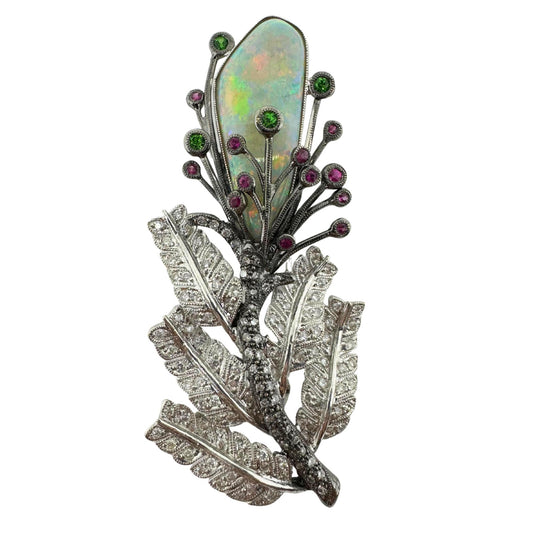 18K Diamond, Multi Sapphire and Opal Brooch