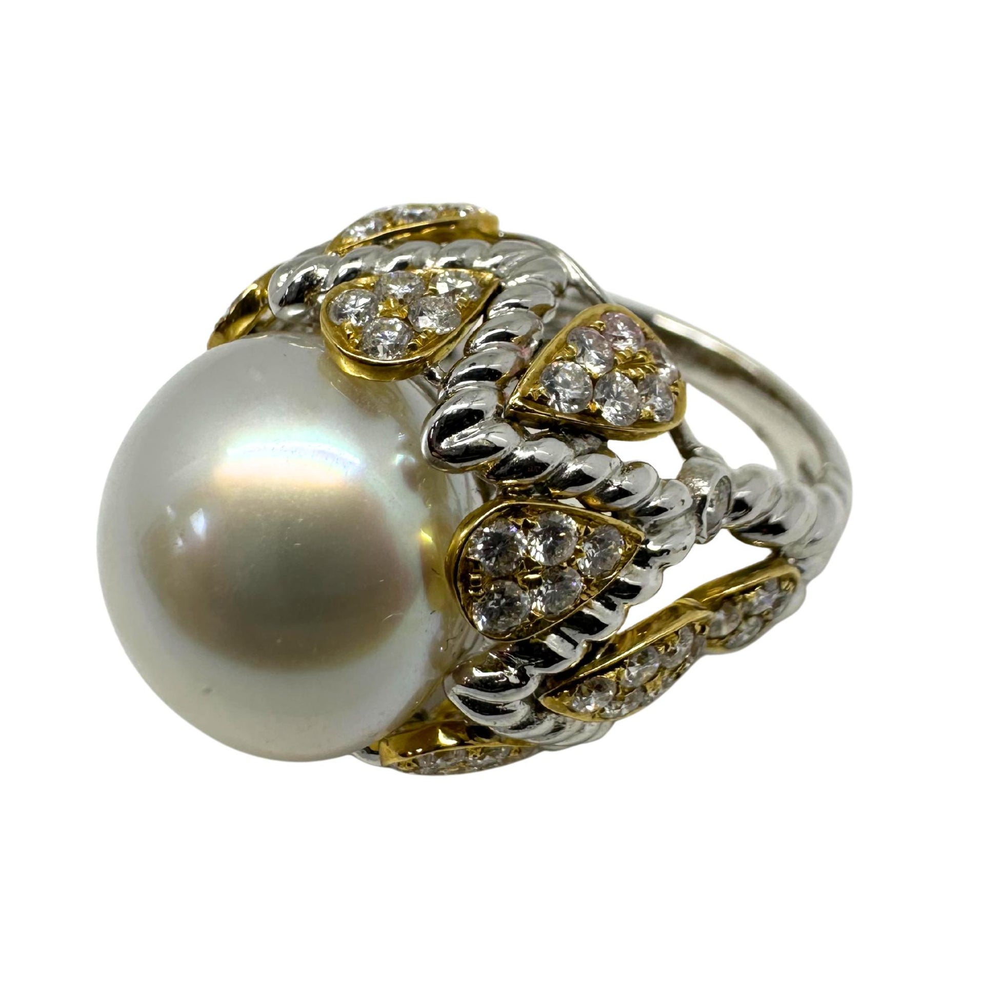 18K Two Tone Diamond and Pearl Cocktail Ring