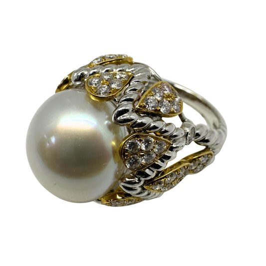 18K Two Tone Diamond and Pearl Cocktail Ring