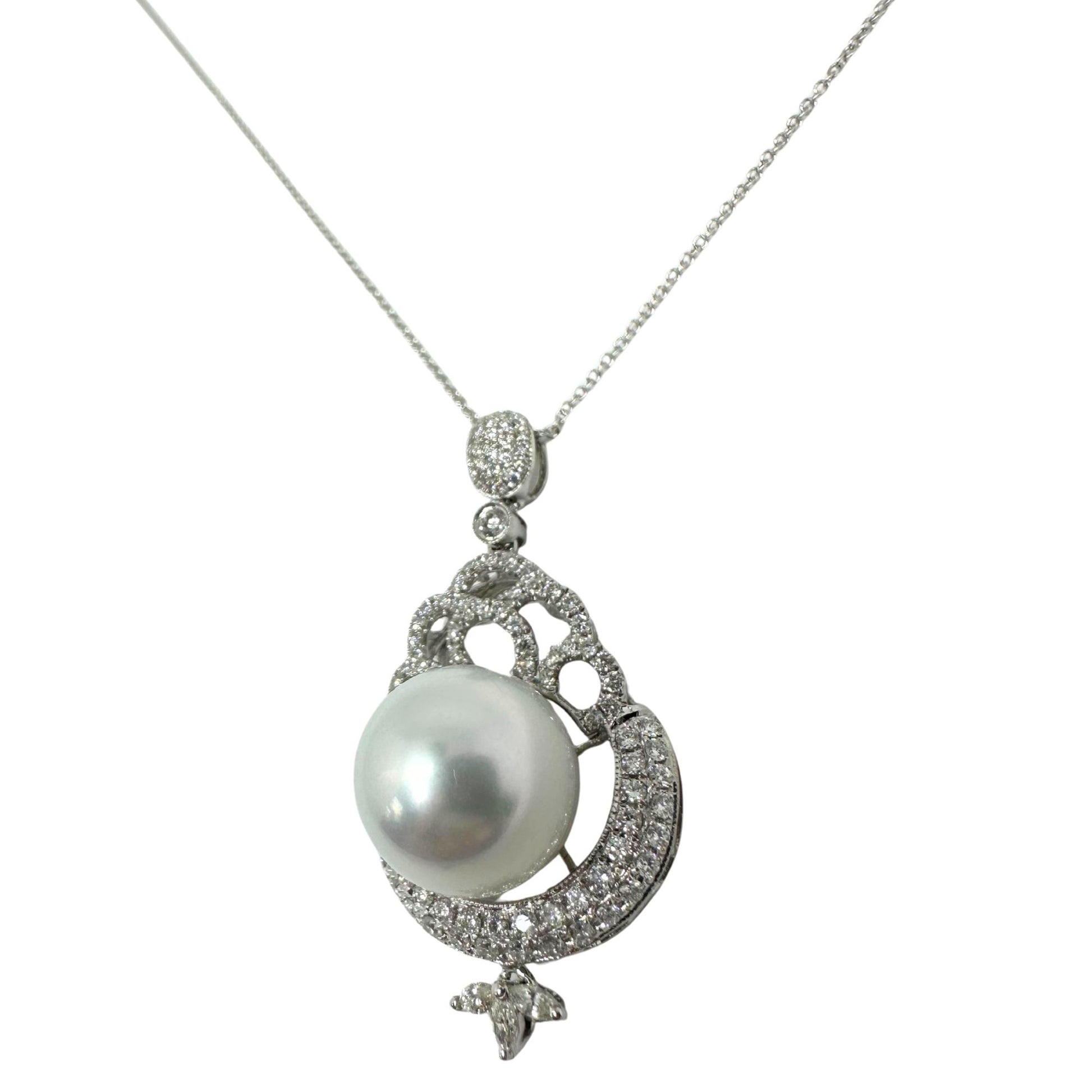 18 inch 18K White Gold Diamond Pearl Pendant Necklace - 0.75ct