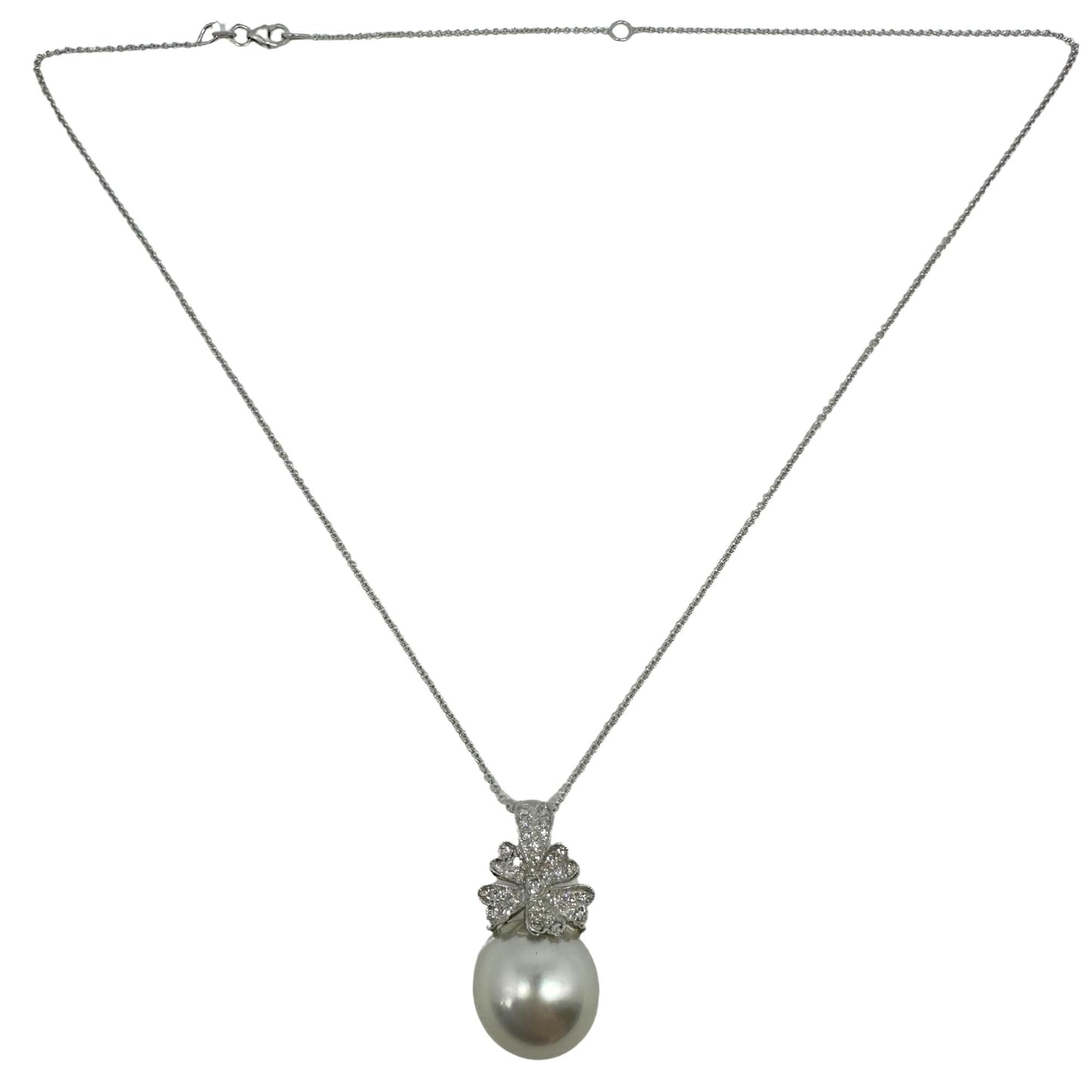 18K White Gold Diamond and Pearl Pendant Necklace – 0.26ct – Floral Drop Design