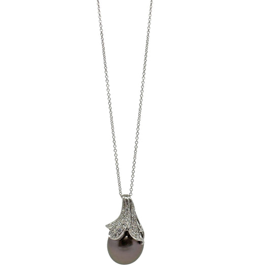 18K White Gold Diamond & Pearl Pendant Necklace – 18" Chain, 0.27ct Diamonds