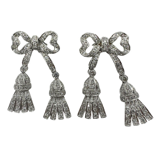 14K White Gold 1.97 Carat Diamond Bow and Tassel Earrings