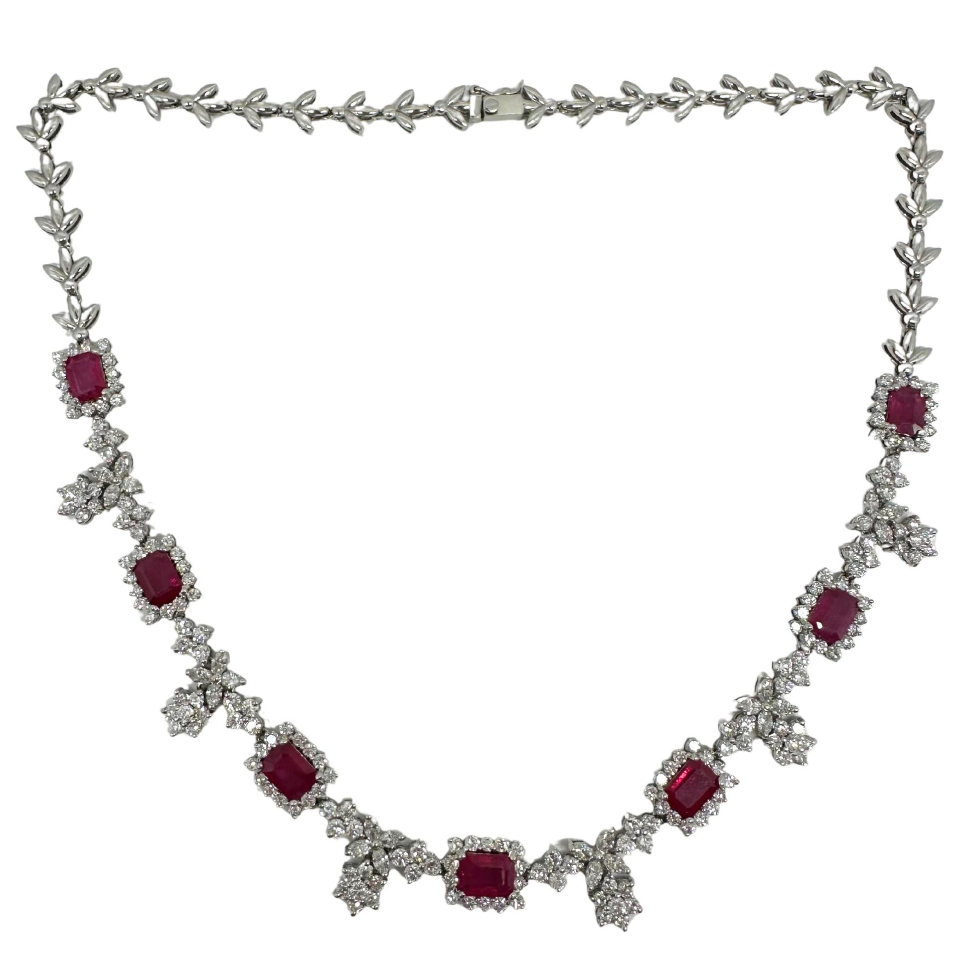 18K White Gold Diamond and Ruby Choker Necklace - 15 inches