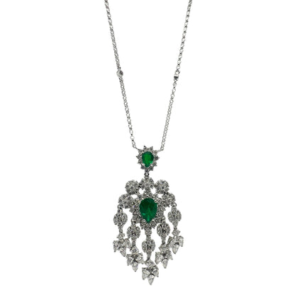 18K White Gold Diamond and Pear Cut Emerald Pendant Necklace