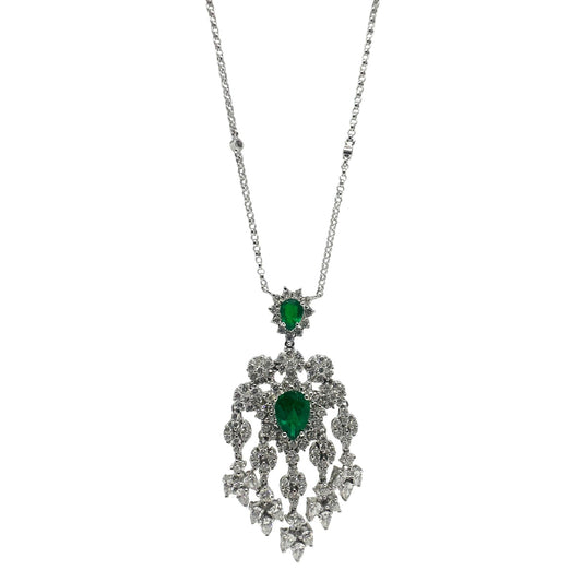 18K White Gold Diamond and Pear Cut Emerald Pendant Necklace