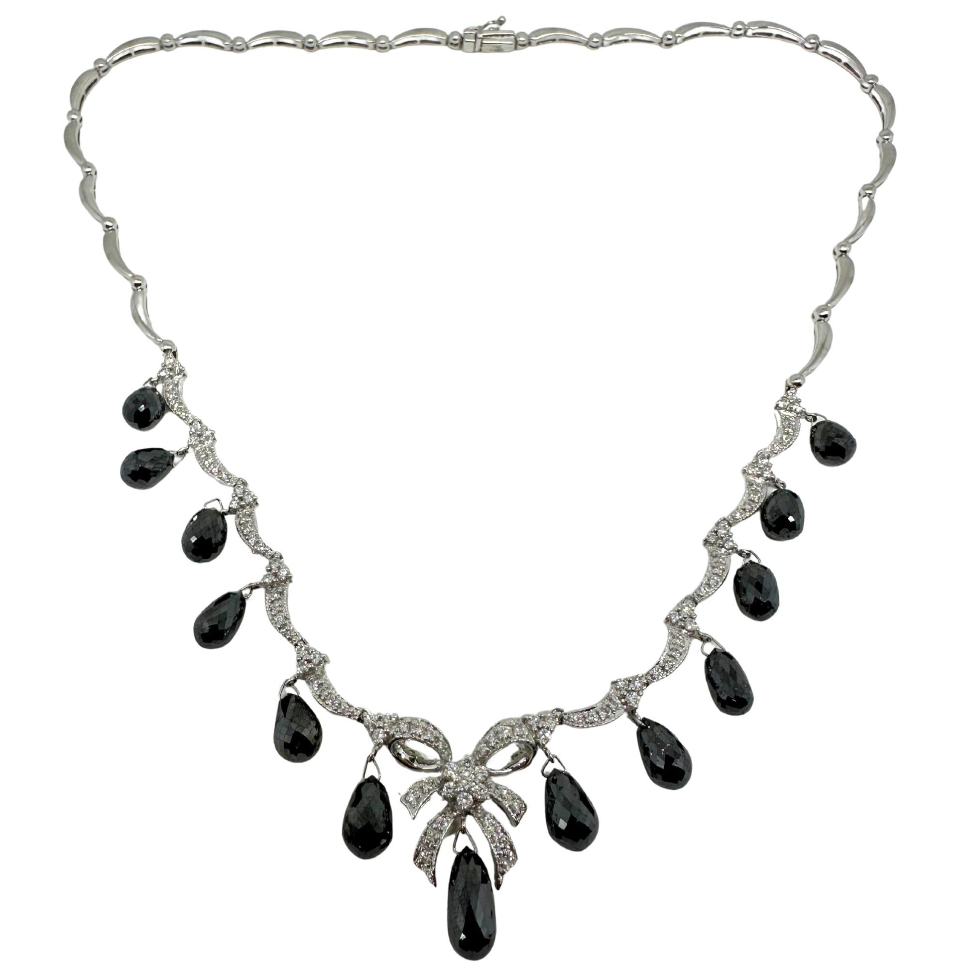 18K White Gold White Diamond and Briolette Black Diamond Bow Necklace