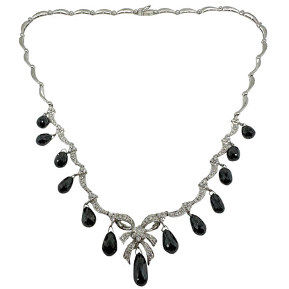 18K White Gold White Diamond and Briolette Black Diamond Bow Necklace