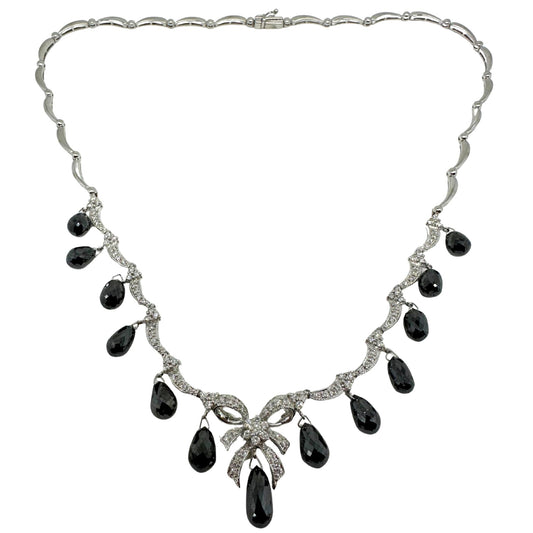 18K White Gold White Diamond and Briolette Black Diamond Bow Necklace