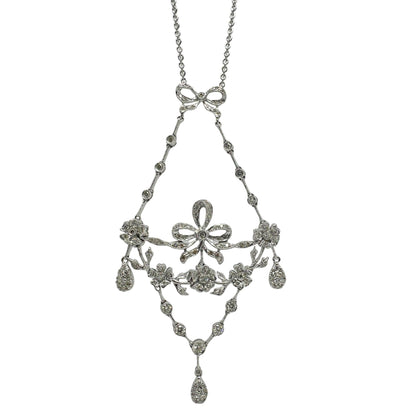 18K White Gold Diamond Bow and Floral Necklace