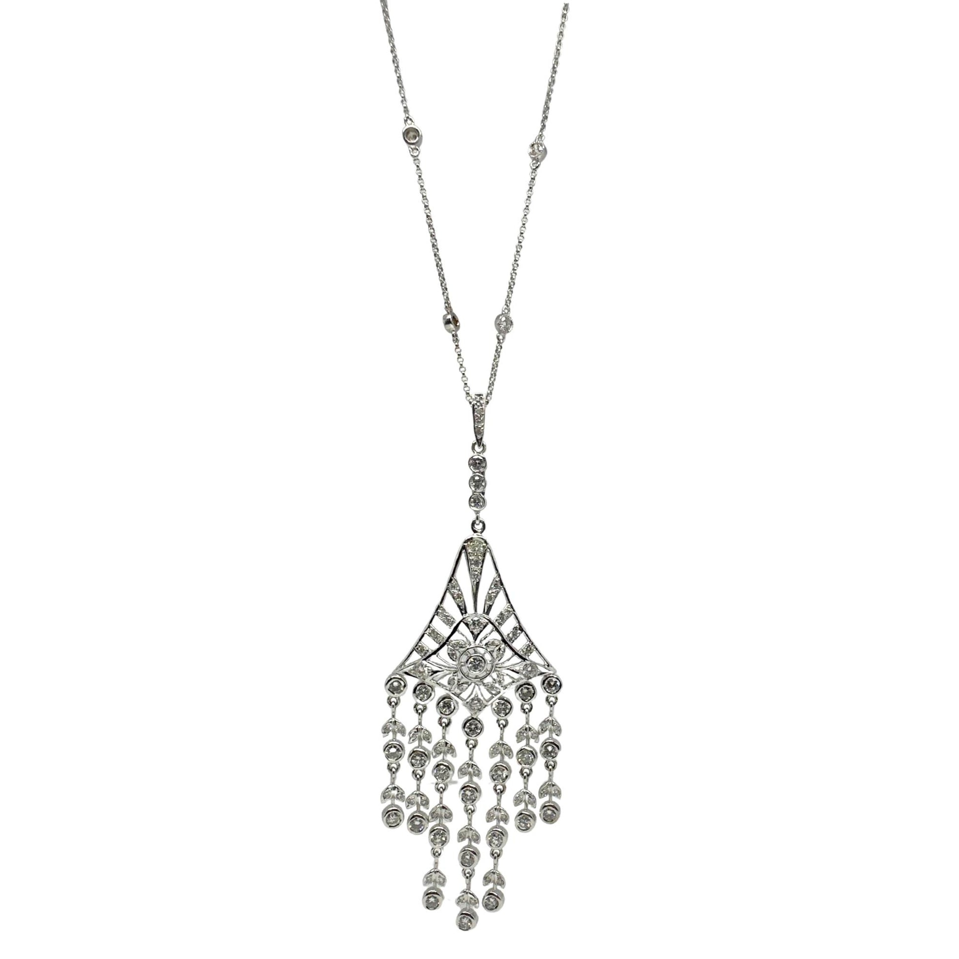 18K White Gold Diamond Pendant Chandelier Necklace