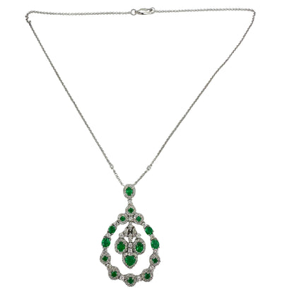18K White Gold Diamond and Emerald Halo Circle Pendant Necklace