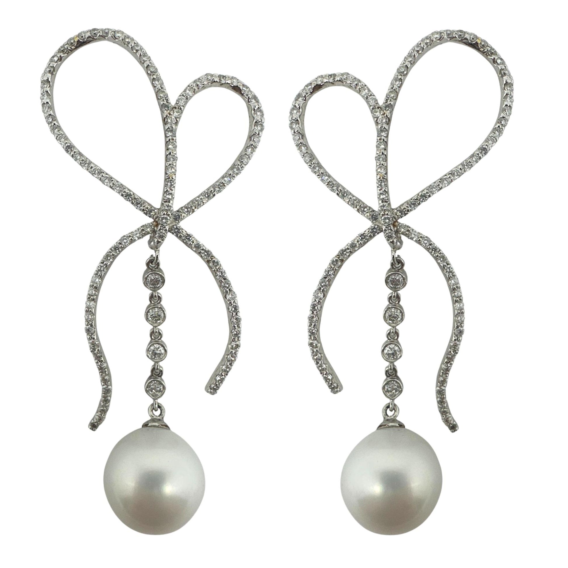 18K White Gold Diamond and Pearl Bow Earrings