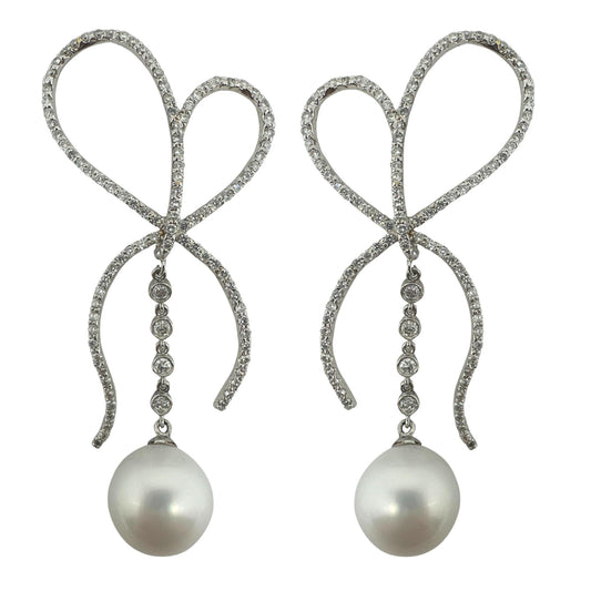 18K White Gold Diamond and Pearl Bow Earrings