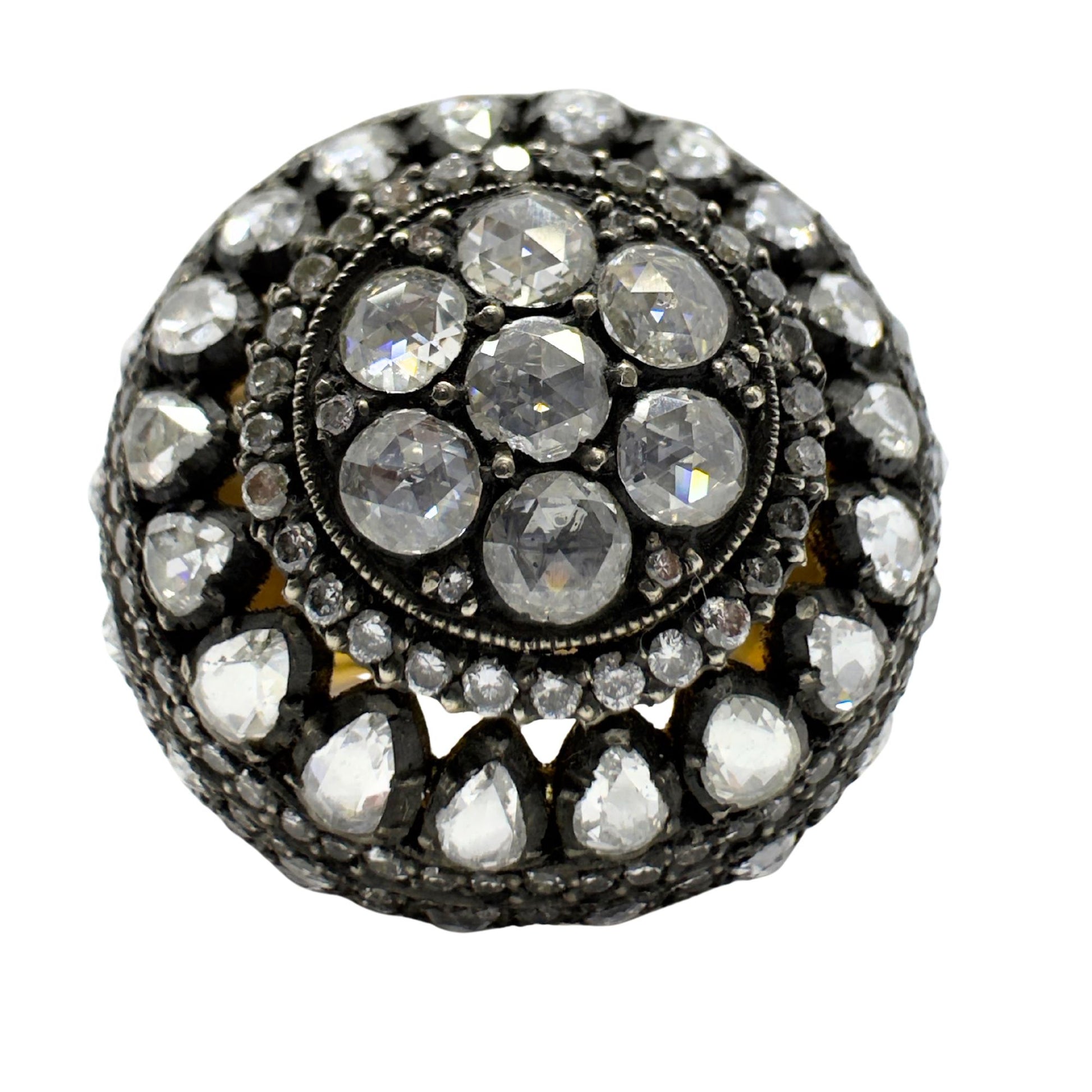 Bold and Heavy 18K Yellow Gold and Silver Top Rose Cut Diamond Cocktail Ring