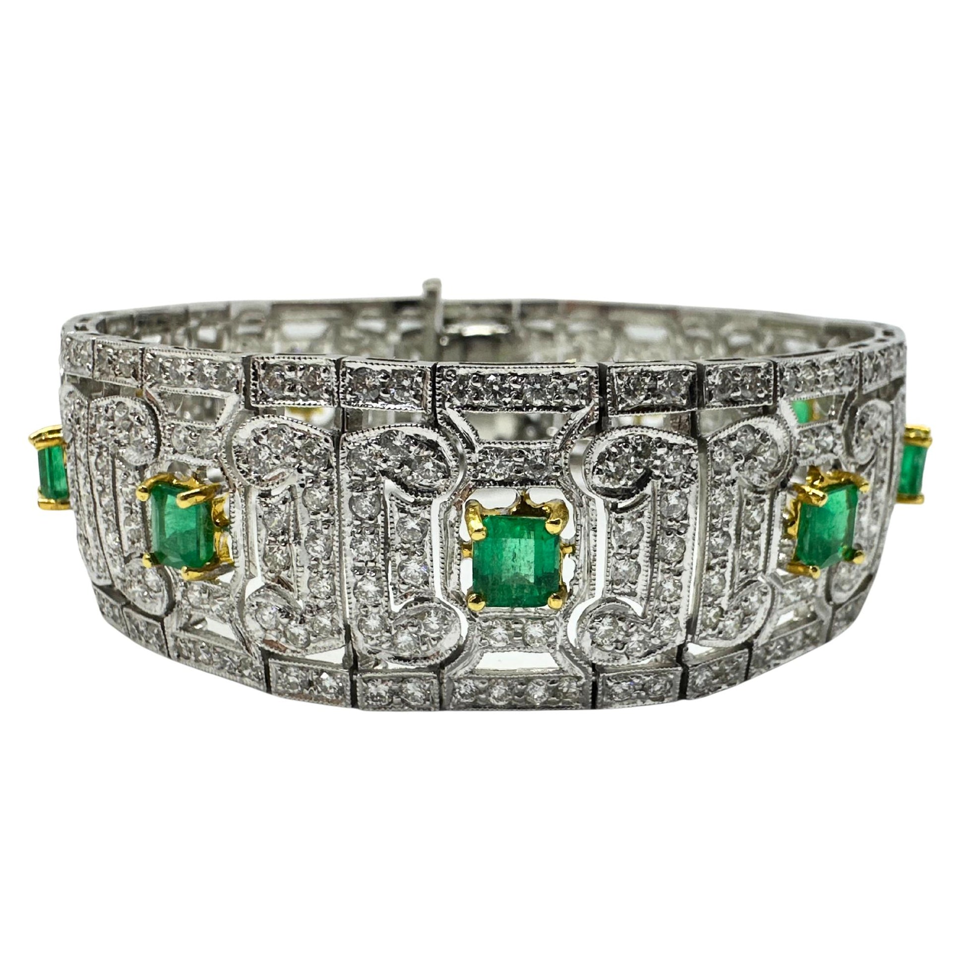 18K Two Tone Diamond and Emerald Openwork Bracelet