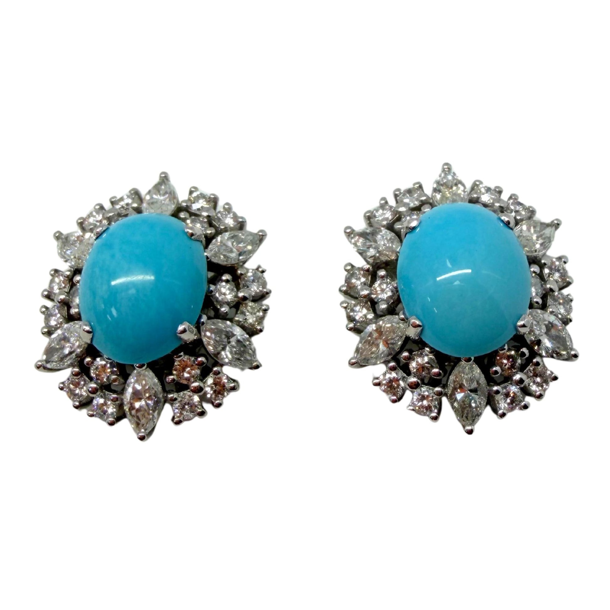 Platinum Marquise Cut 1.75 carat Diamond and Oval Turquoise Halo Stud Earrings