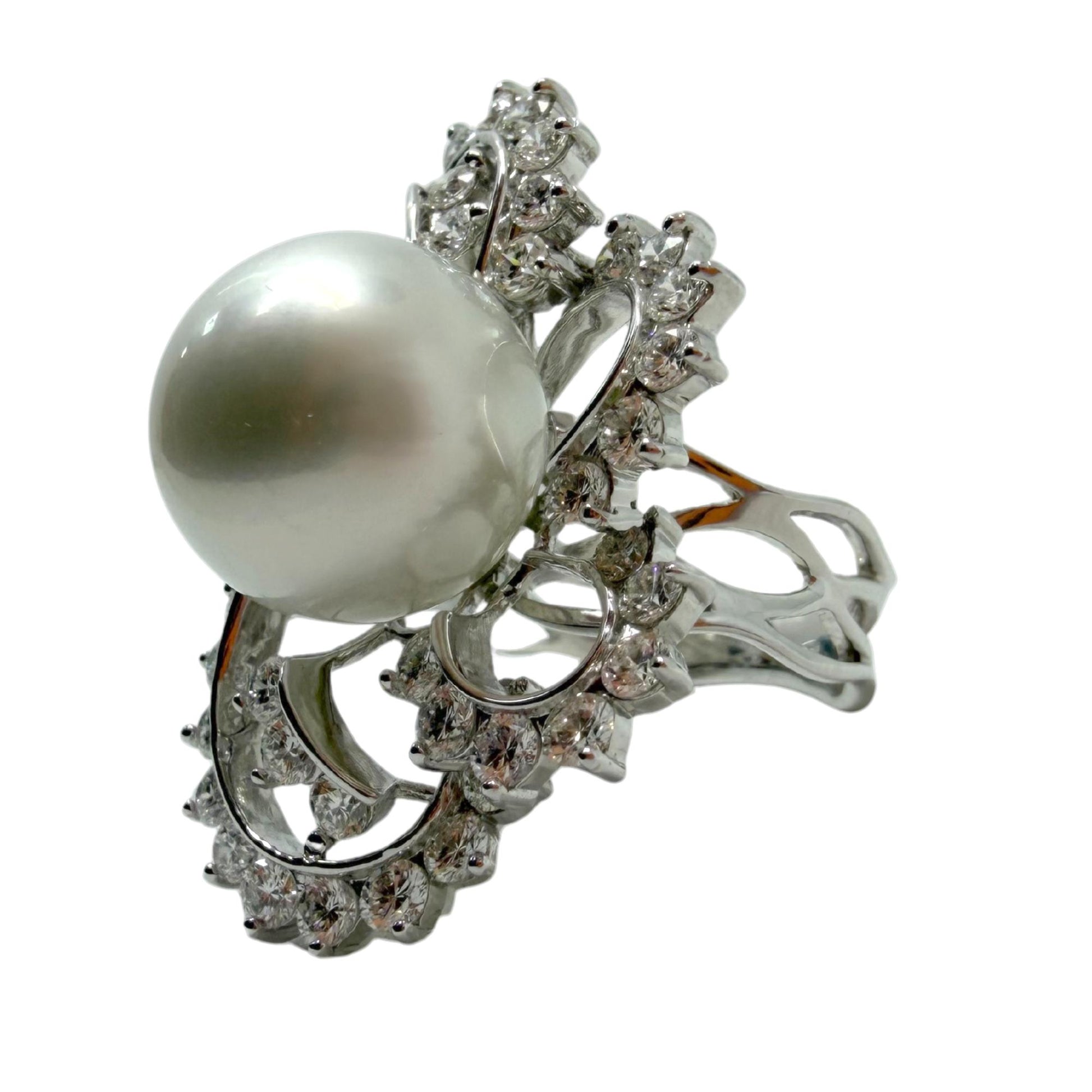 18K White Gold 2.48 Carat Diamond and Pearl Cocktail Ring - Size 7.5