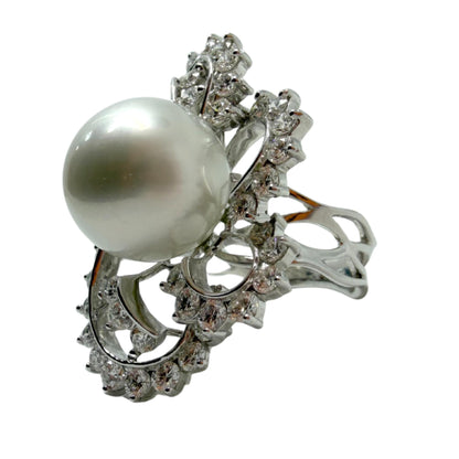 18K White Gold 2.48 Carat Diamond and Pearl Cocktail Ring - Size 7.5