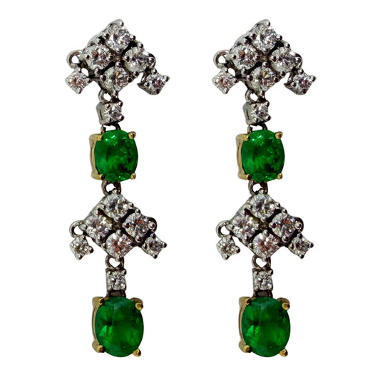 18k White Gold 1.76 Carat Emerald and .78 Carat Diamond Drop Earrings