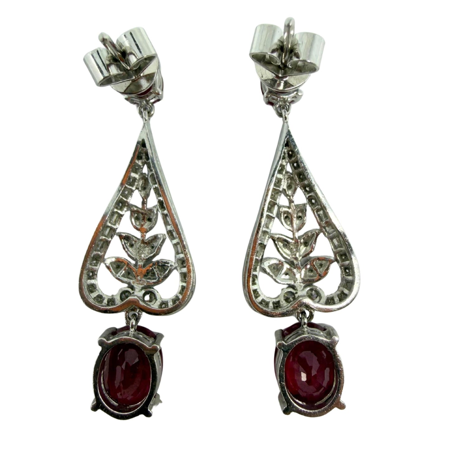 Platinum 4.98 Carat Ruby and Diamond Leaf Motif Drop Earrings with 18K Backs