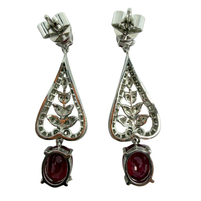 Platinum 4.98 Carat Ruby and Diamond Leaf Motif Drop Earrings with 18K Backs