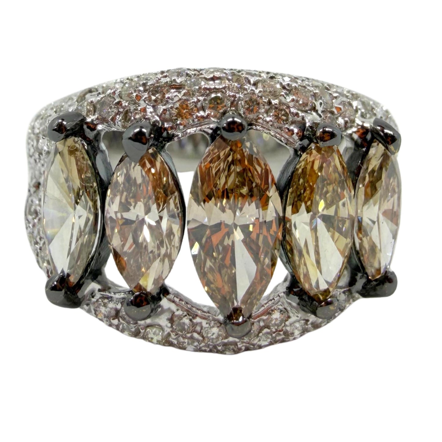18k White and Champagne Brown Marquise Cut Diamond Wide Band Ring