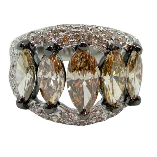 18k White and Champagne Brown Marquise Cut Diamond Wide Band Ring