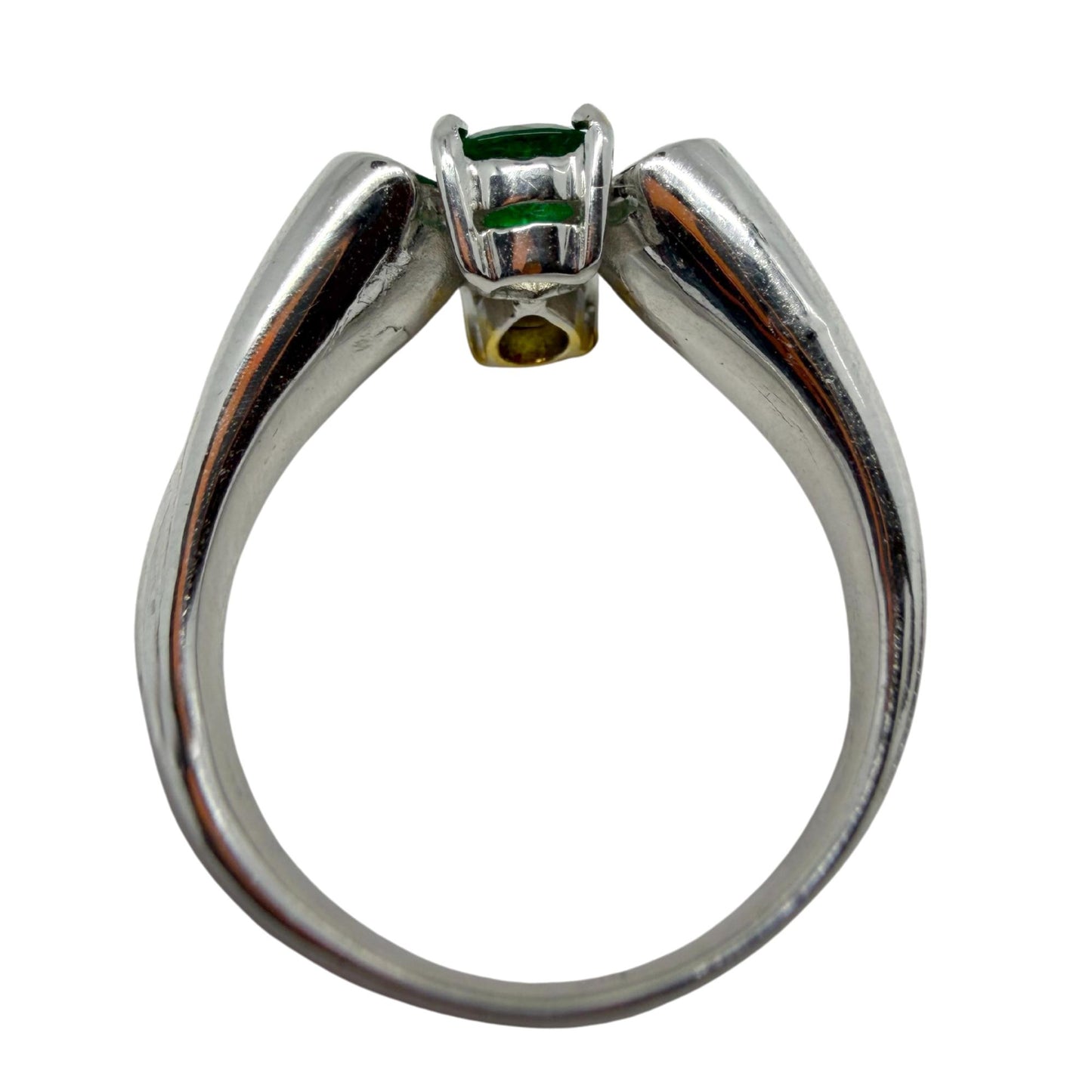 18k Pear Cut White and Yellow Diamond, and Emerald Butterfly Band Ring