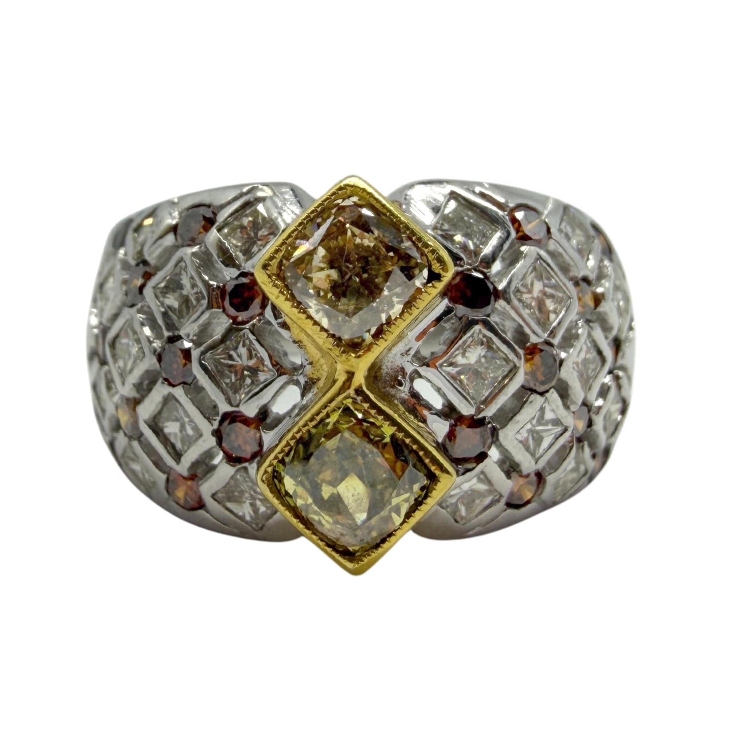 18K Two Tone Brown and White Diamond Wide Band Abstract Ring - Size