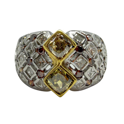 18K Two Tone Brown and White Diamond Wide Band Abstract Ring - Size