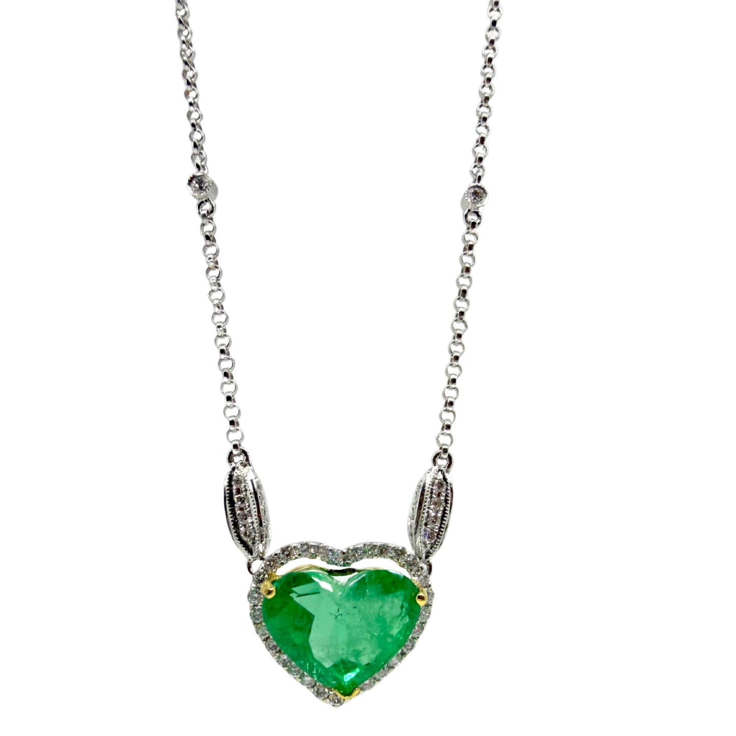 18K Two Tone Diamond and 4.14 Carat Heart Shaped Emerald Necklace