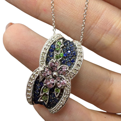 18K White Gold Sapphire, Garnet Tsavorite and Diamond Floral Pendant Necklace