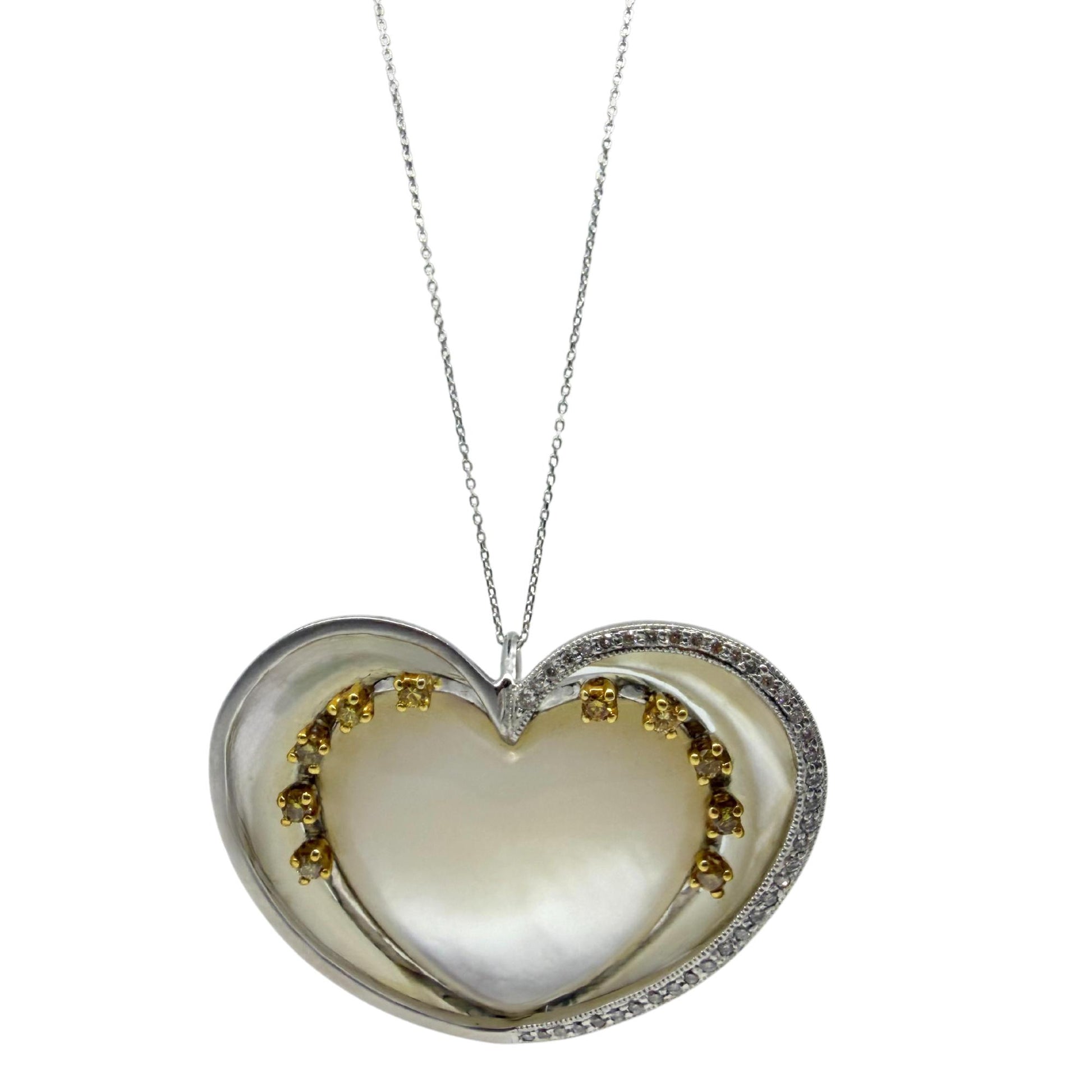 14K Two Tone Diamond, Mother of Pearl and Yellow Sapphire Heart Necklace