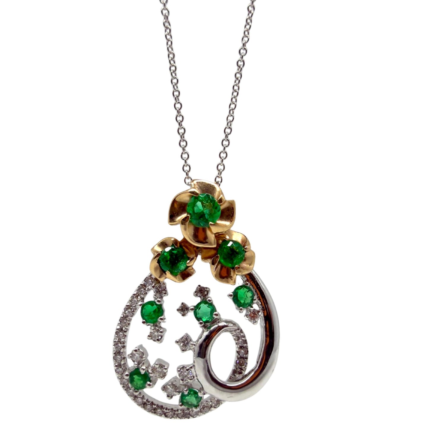 18K Two Tone Diamond and Emerald Teardrop Floral Pendant Necklace