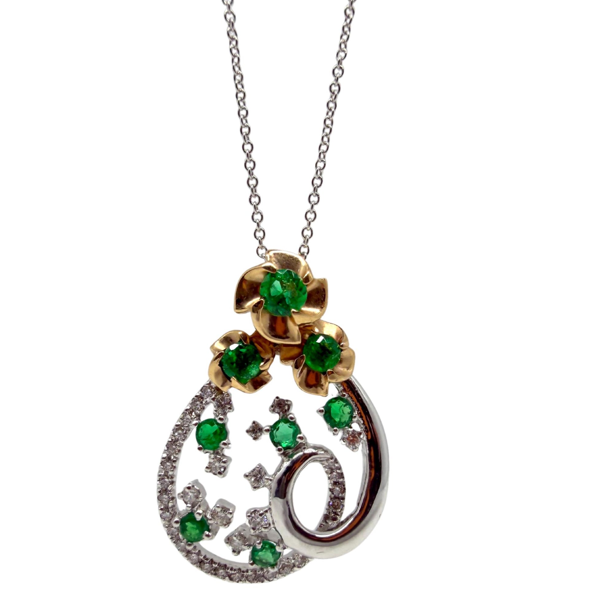 18K Two Tone Diamond and Emerald Teardrop Floral Pendant Necklace