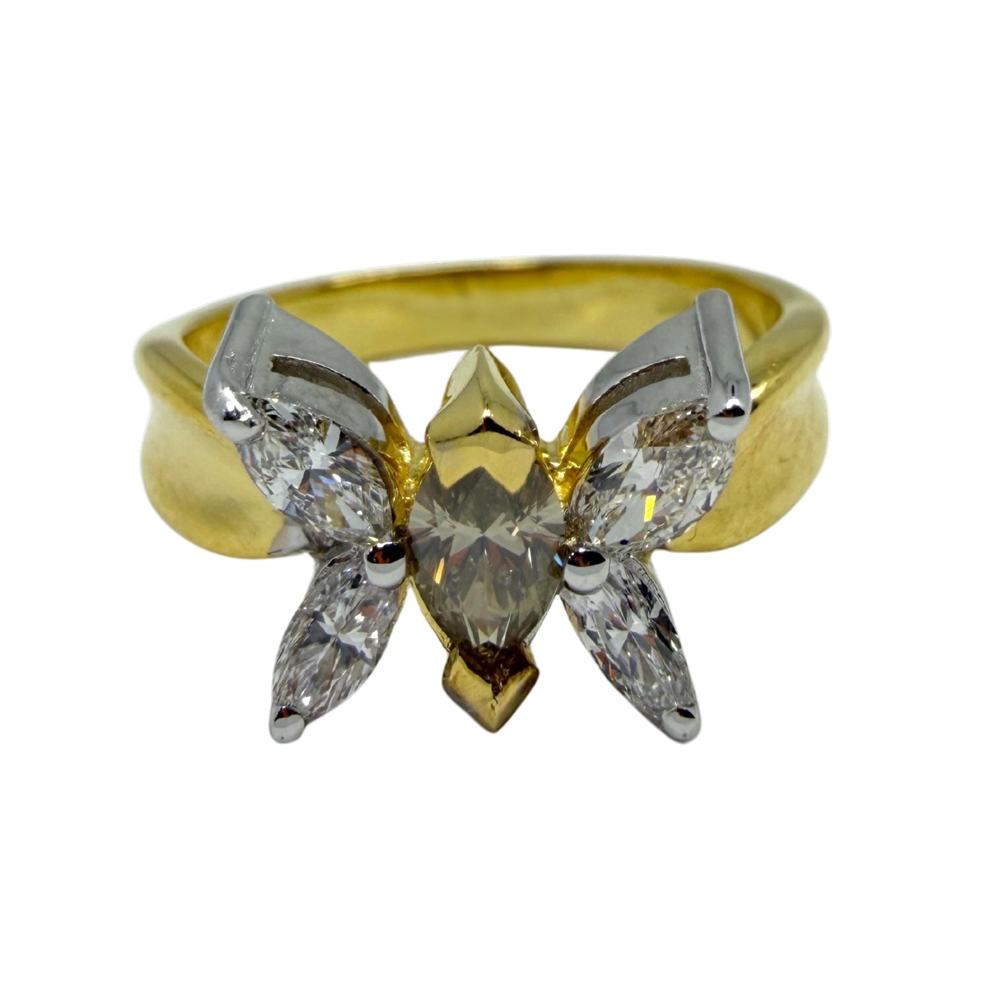 18K Yellow Gold Marquise Cut White and Brown Diamond Butterfly Ring