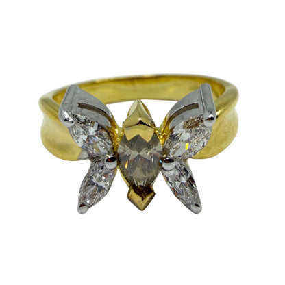 18K Yellow Gold Marquise Cut White and Brown Diamond Butterfly Ring