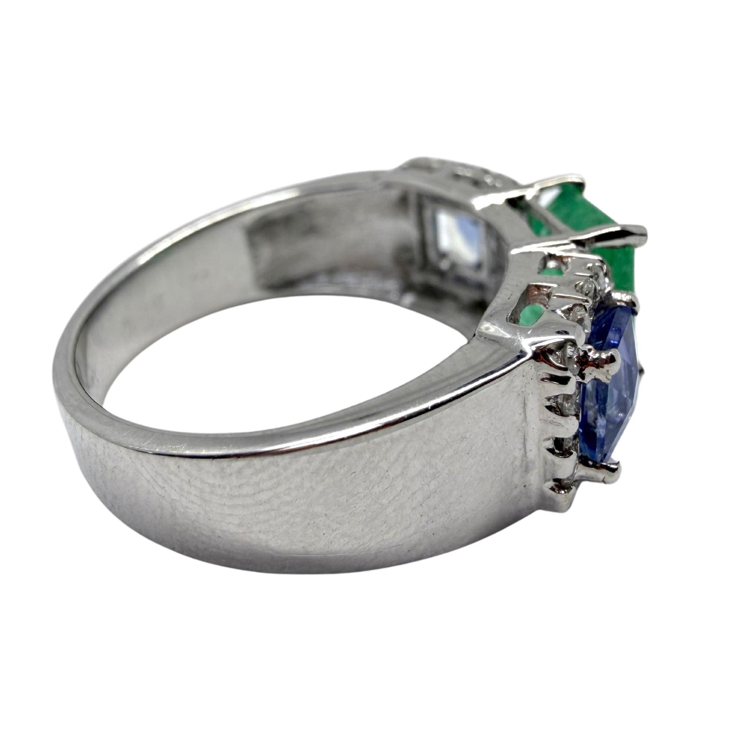 18K White Gold Emerald, Sapphire and Diamond Wide Band Ring