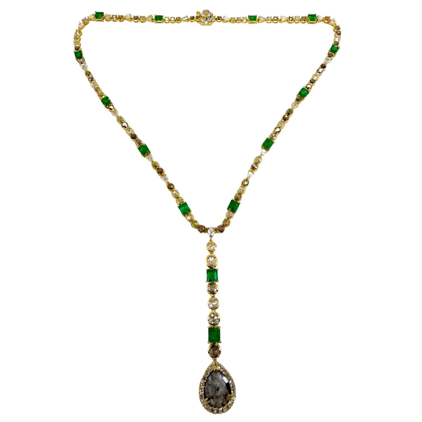 18k Yellow Gold Emerald, and Multicolor Diamond Y Drop Necklace
