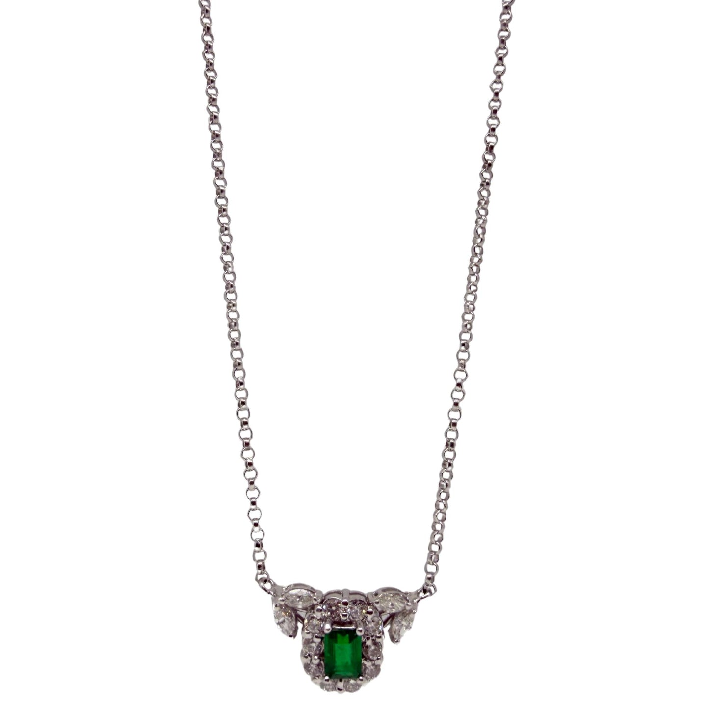 18K White Gold Diamond and Emerald Cluster Pendant Necklace