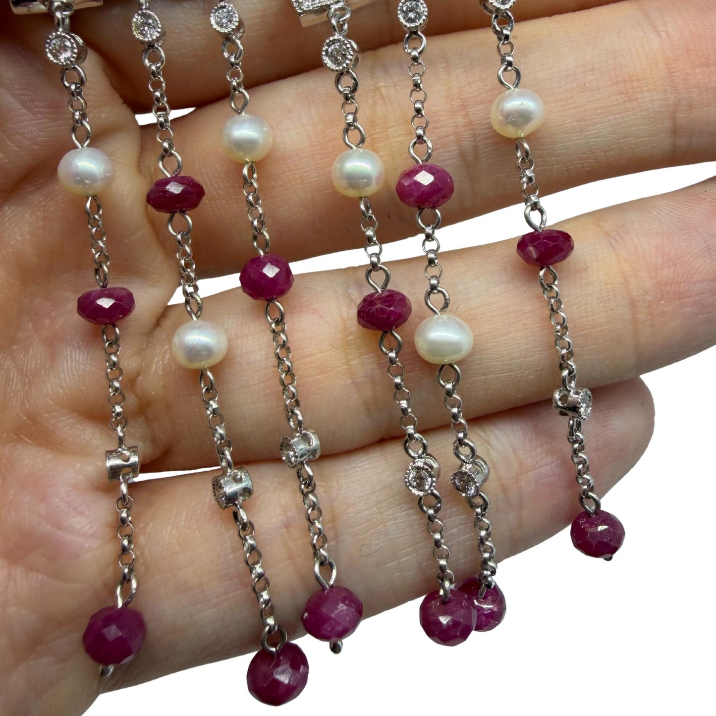18k White Gold Diamond, Ruby Beads and Pearl Abstract Chandelier Drop Earrings