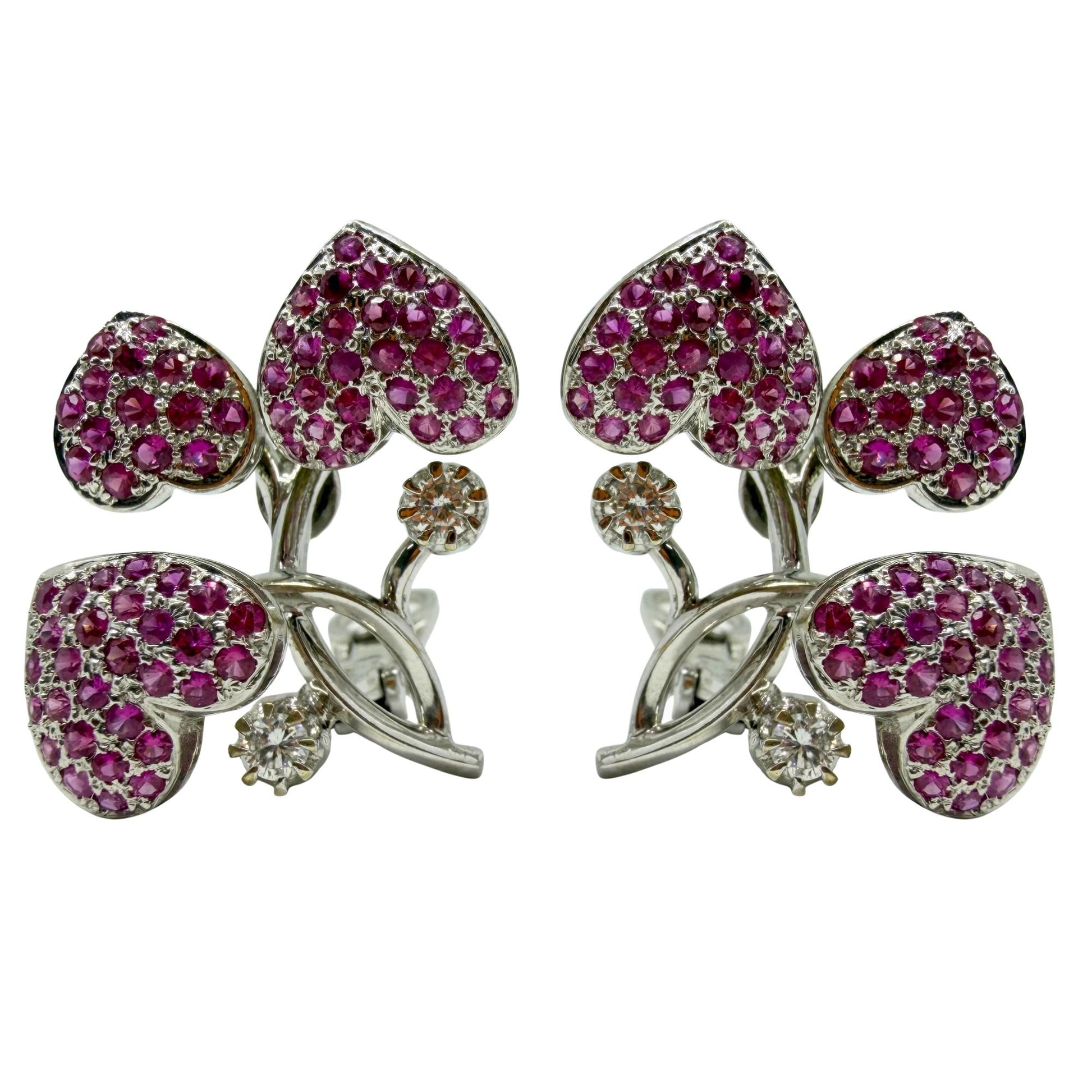 18k White Gold 3.26 Carat Pink Sapphire and Diamond Heart Spring Earrings